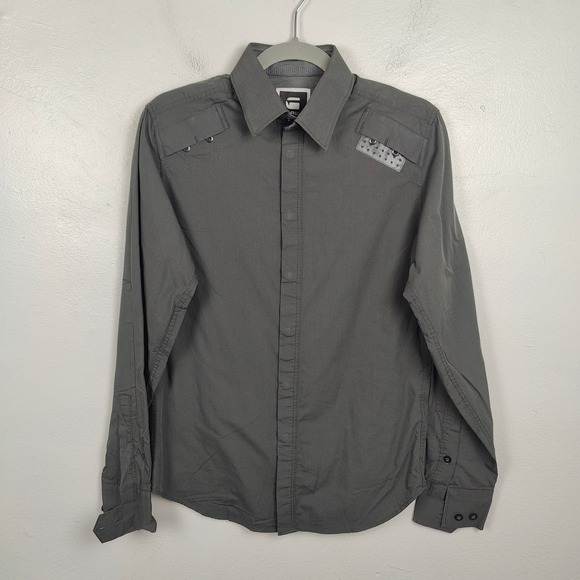 G Star Raw Elite Shirt Mens Small Snap Button Gray Rocker Military‎ Utility - Picture 2 of 10